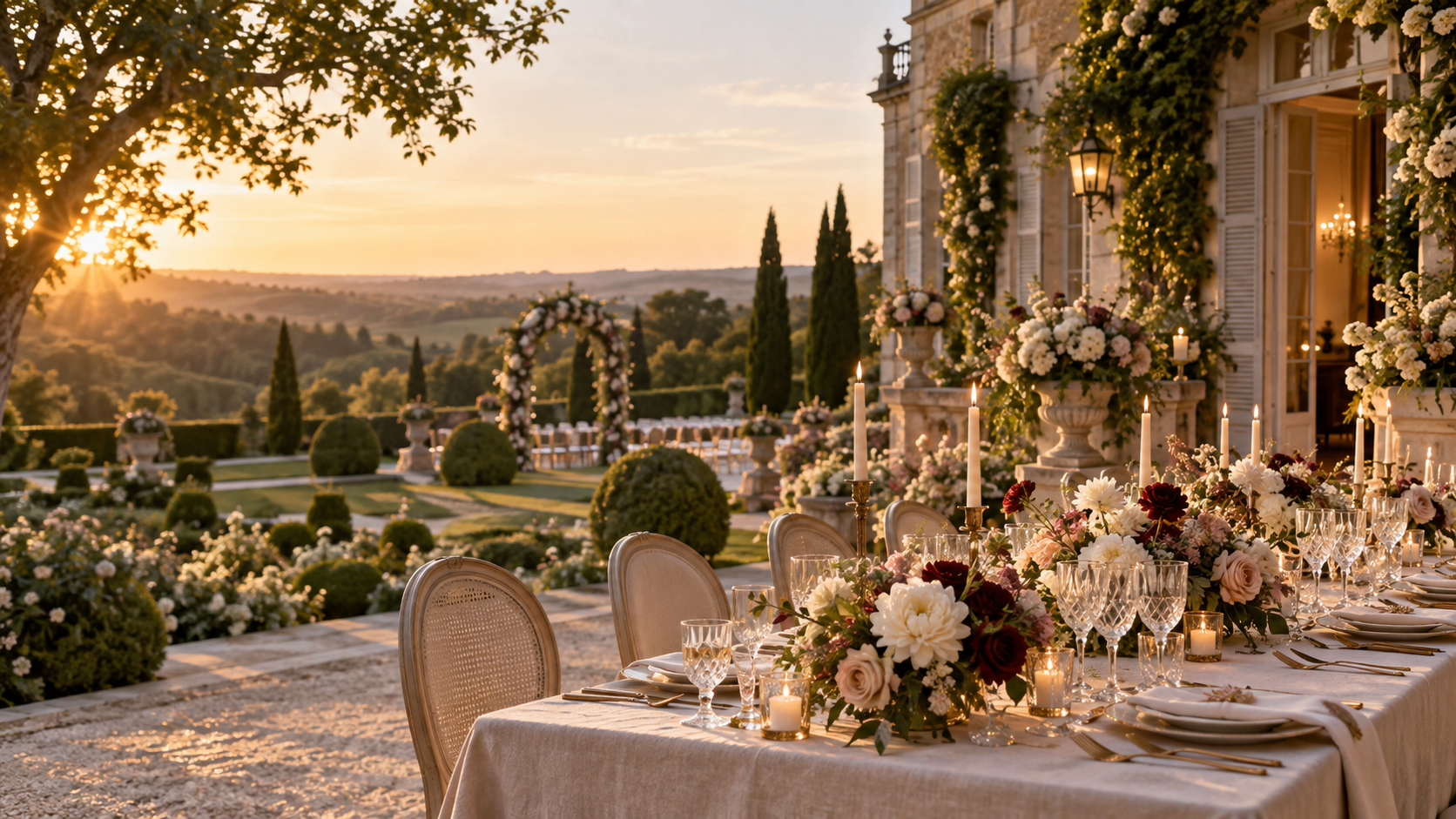 Réception de mariage élégante dans le jardin d’un château au coucher du soleil